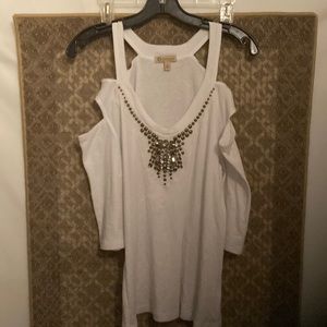 Democracy jeweled shoulderless sleeved white top